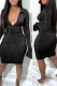 Black Sexy Solid Fold Turndown Collar Pencil Skirt Dresses