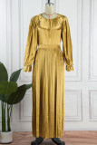 Rose Red Casual Solid Patchwork O Neck Long Sleeves Pleated Dresses (Without Belt)