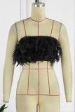 Black Sexy Solid Patchwork Feathers Backless Strapless Sleeveless Two Pieces