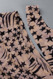 Apricot Sexy Print Hollowed Out Patchwork Asymmetrical Pencil Skirt Dresses