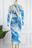 Blue Sexy Print Hollowed Out Backless Halter Long Sleeve Dresses