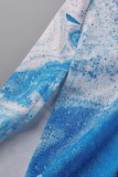 Blue Sexy Print Hollowed Out Backless Halter Long Sleeve Dresses