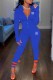 Blue Casual Letter Print Patchwork Zipper Collar Long Sleeve Two Pieces