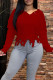 Burgundy Casual Solid Tassel Patchwork V Neck Tops