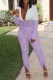Light Purple Casual Patchwork Contrast Turndown Collar Long Sleeve Two Pieces