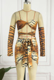 Tiger Pattern Sexy Print Hollowed Out Backless Strapless Sleeveless Dress Dresses