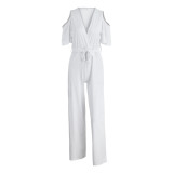 White Fashion Casual Solid Hollowed Out V Neck Regular Jumpsuits