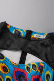Blue Sexy Formal Print Hollowed Out Patchwork O Neck One Step Skirt Dresses