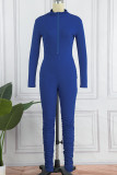 Rose Red Casual Sportswear Solid Patchwork Zipper Collar Skinny Jumpsuits