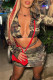 Camouflage Sexy Casual Camouflage Print Hollowed Out Frenulum Backless Turndown Collar Long Sleeve Two Pieces