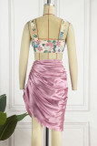 Pink Sexy Print Patchwork Frenulum Backless Asymmetrical Spaghetti Strap Sleeveless Two Pieces