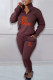 Coffee Casual Print Patchwork Zipper Collar Long Sleeve Two Pieces
