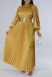 Rose Red Casual Solid Patchwork O Neck Long Sleeves Pleated Dresses (Without Belt)