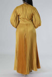 Rose Red Casual Solid Patchwork O Neck Long Sleeves Pleated Dresses (Without Belt)