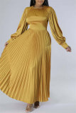 Rose Red Casual Solid Patchwork O Neck Long Sleeves Pleated Dresses (Without Belt)