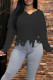 Black Casual Solid Tassel Patchwork V Neck Tops