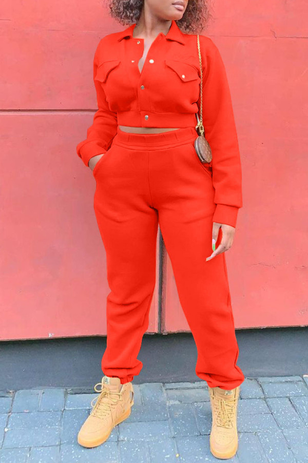 Tangerine Red Casual Solid Patchwork Buckle Turndown Collar Long Sleeve Two Pieces
