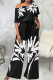 Black Casual Print Patchwork Oblique Collar Straight Jumpsuits