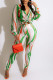 Green Casual Print Bandage Patchwork Turndown Collar Long Sleeve Two Pieces