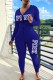 Blue Casual Letter Print Patchwork Zipper Hooded Collar Long Sleeve Two Pieces