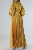 Rose Red Casual Solid Patchwork O Neck Long Sleeves Pleated Dresses (Without Belt)