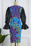 Blue Sexy Formal Print Hollowed Out Patchwork O Neck One Step Skirt Dresses