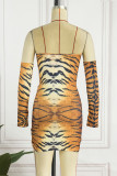 Tiger Pattern Sexy Print Hollowed Out Backless Strapless Sleeveless Dress Dresses