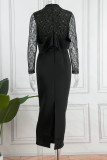 Black Elegant Solid Patchwork O Neck Evening Dress Dresses