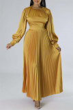 Rose Red Casual Solid Patchwork O Neck Long Sleeves Pleated Dresses (Without Belt)