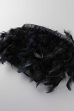 Black Sexy Solid Patchwork Feathers Backless Strapless Sleeveless Two Pieces