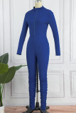 Rose Red Casual Sportswear Solid Patchwork Zipper Collar Skinny Jumpsuits