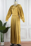 Rose Red Casual Solid Patchwork O Neck Long Sleeves Pleated Dresses (Without Belt)