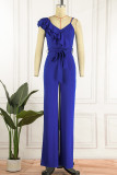 Blue Sexy Casual Solid Patchwork Backless V Neck Regular Jumpsuits