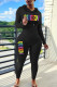 Black Casual Print Patchwork Hooded Collar Long Sleeve Two Pieces