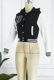 Red Casual Letter Embroidery Patchwork Hooded Collar Outerwear