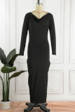 Blue Casual Solid Patchwork V Neck Long Sleeve Dresses
