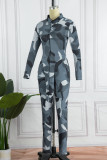 Red Street Print Patchwork Turndown Collar Long Sleeve Two Pieces