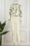 Apricot Sexy Casual Print Hollowed Out O Neck Long Sleeve Two Pieces