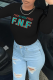 Black Street Vintage Print Patchwork Letter O Neck Tops