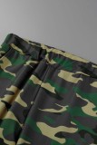 Army Green Casual Camouflage Print Patchwork Long Sleeve Two Pieces