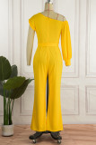 Red Casual Solid Patchwork One Shoulder Boot Cut Jumpsuits