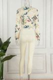Apricot Sexy Casual Print Hollowed Out O Neck Long Sleeve Two Pieces