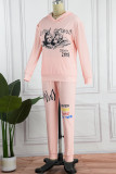 Pink Casual Print Patchwork Hooded Collar Long Sleeve Two Pieces