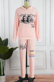 Pink Casual Print Patchwork Hooded Collar Long Sleeve Two Pieces