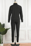 Black Casual Sportswear Solid Patchwork Zipper Collar Long Sleeve Two Pieces