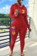 Red Casual Print Patchwork Hooded Collar Long Sleeve Two Pieces
