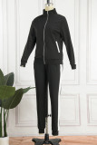 Black Casual Sportswear Solid Patchwork Zipper Collar Long Sleeve Two Pieces
