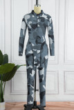 Red Street Print Patchwork Turndown Collar Long Sleeve Two Pieces