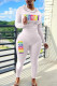 White Casual Print Patchwork Hooded Collar Long Sleeve Two Pieces