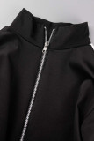 Black Casual Sportswear Solid Patchwork Zipper Collar Long Sleeve Two Pieces